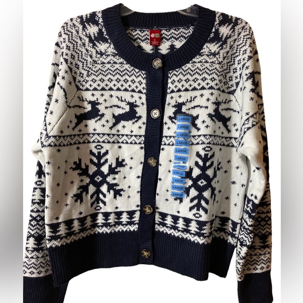 Christmas Cardigan Sweater Navy White NWT Size Large